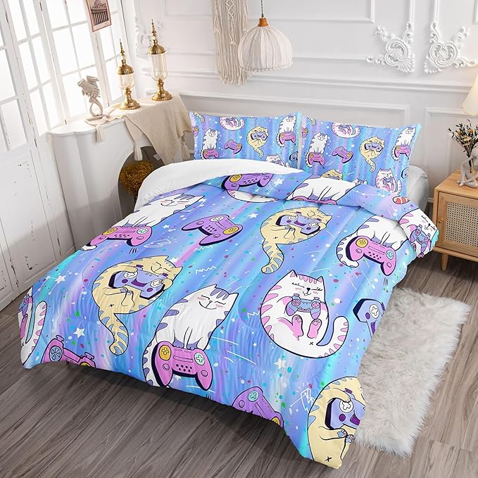 Datura home Cat Comforter Set Blue Kawaii Cat Printed Quilt Bedding Set with 1 Comforter and 2 Pillowcases for Boys and Girls Bedroom All Season(Blue Cat Twin) - LeafyLoom