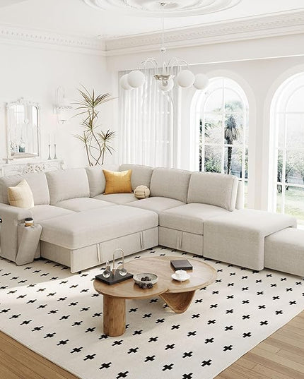 90.6'' L-shaped Modular Sectional Sofa with Storage Space, Ottoman and Pull-Out Bed, 6 Seat Upholstered Couch w/USB Ports & Cup Holders, for Living Rooms, Offices, Apartments, Beige, 90.6 Inch - LeafyLoom