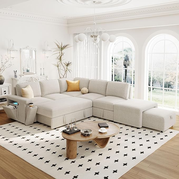 90.6'' L-shaped Modular Sectional Sofa with Storage Space, Ottoman and Pull-Out Bed, 6 Seat Upholstered Couch w/USB Ports & Cup Holders, for Living Rooms, Offices, Apartments, Beige, 90.6 Inch - LeafyLoom