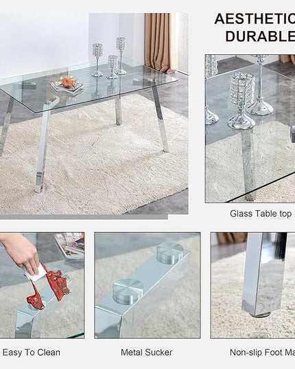 NicBex 63Inch Rectangular Dining Table,Minimalist Kitchen Table with Tempered Glass Tabletop and Silver Metal Legs for 6 to 8,Large Dining Room Table for Kitchen,Dining Living Room,Silver+Transparent - LeafyLoom