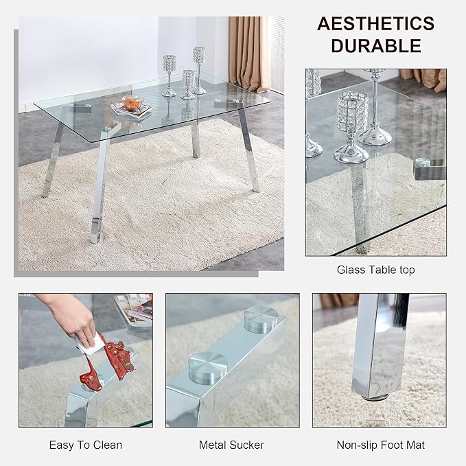 NicBex 63Inch Rectangular Dining Table,Minimalist Kitchen Table with Tempered Glass Tabletop and Silver Metal Legs for 6 to 8,Large Dining Room Table for Kitchen,Dining Living Room,Silver+Transparent - LeafyLoom