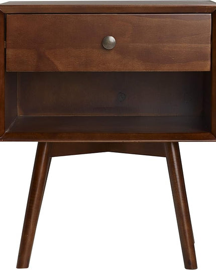 Walker Edison Mid Century Modern Wood Nightstand Side Table Bedroom Storage Drawer and Shelf Bedside End Table, 1 Drawer, Walnut - LeafyLoom