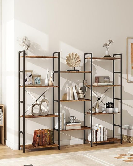 Panana Triple 4 tier bookshelf, Industrial Bookcase with 11 Open Display Shelves Wide Book Shelf Book Case with Metal Frame for Living Room Home Office (Brown) - LeafyLoom