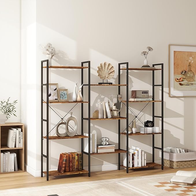 Panana Triple 4 tier bookshelf, Industrial Bookcase with 11 Open Display Shelves Wide Book Shelf Book Case with Metal Frame for Living Room Home Office (Brown) - LeafyLoom