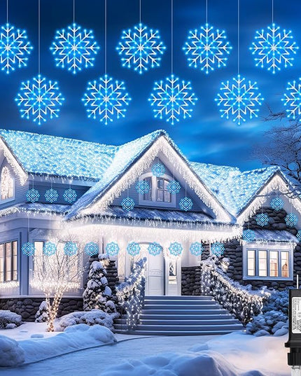 Christmas Snowflake Icicle Lights Outdoor - Plug-in 23.6ft 10 Drops 480LED Snowflake Window Lights, Connectable for Indoor Outdoor Porch Eaves Rooftops Canopy Christmas Decoration, Blue and White Brightown