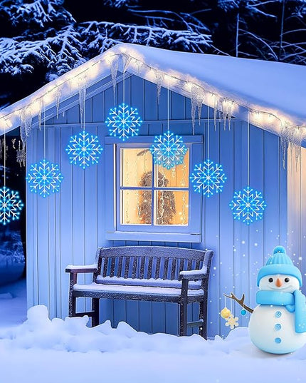 Christmas Snowflake Icicle Lights Outdoor - Plug-in 23.6ft 10 Drops 480LED Snowflake Window Lights, Connectable for Indoor Outdoor Porch Eaves Rooftops Canopy Christmas Decoration, Blue and White Brightown