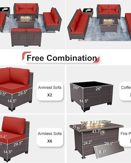 Patio Furniture Sectional Sofa 10 Pieces PE Rattan Patio Conversation Set w/43in Gas Fire Pit Table, Outdoor Furniture with 55000 BTU Propane Fire Pit, Red - LeafyLoom