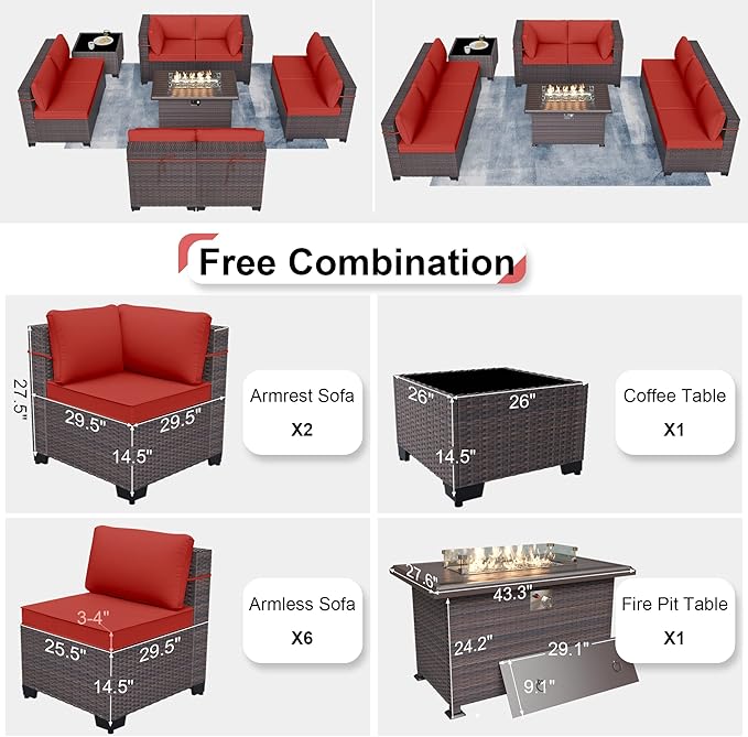Patio Furniture Sectional Sofa 10 Pieces PE Rattan Patio Conversation Set w/43in Gas Fire Pit Table, Outdoor Furniture with 55000 BTU Propane Fire Pit, Red - LeafyLoom