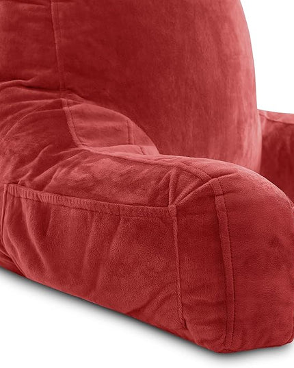 Husband Pillow XXL Red Backrest with Arms - Adult Reading Pillow with Shredded Memory Foam, Ultra-Comfy Removable Microplush Cover & Detachable Neck Roll, Unmatched Support for Bed Rest Sit Up Pillow - LeafyLoom