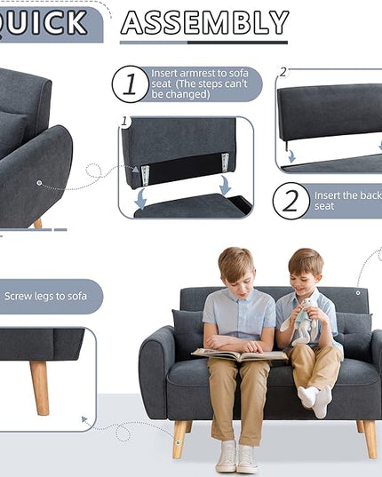 Shintenchi 47" Small Modern Loveseat Couch Sofa, Fabric Upholstered 2-Seat Sofa, Love Seat Furniture with 2 Pillows, Wood Leg for Small Space, Living Room, Bedroom, Apartment, Dark Grey - LeafyLoom