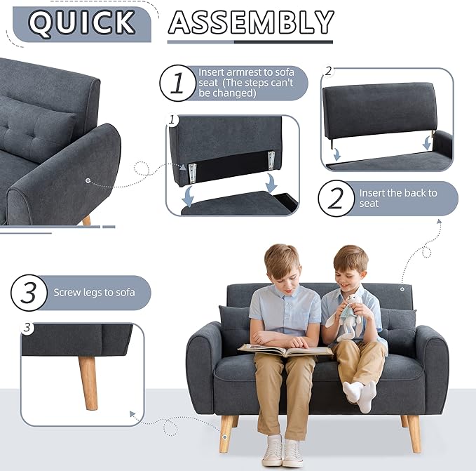 Shintenchi 47" Small Modern Loveseat Couch Sofa, Fabric Upholstered 2-Seat Sofa, Love Seat Furniture with 2 Pillows, Wood Leg for Small Space, Living Room, Bedroom, Apartment, Dark Grey - LeafyLoom