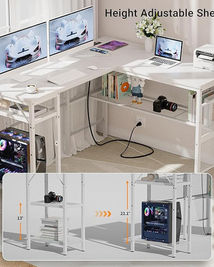 Reversible L Shaped Computer Desk Power Outlets and USB Ports, Large Corner Desk, Sturdy Home Office Gaming Table with Storage, Unique Grid Design Writing Desk, Easy to Assemble, Pure White - LeafyLoom
