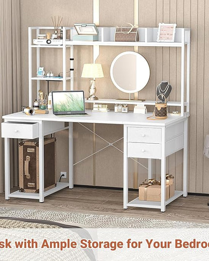 Aheaplus Desk with LED and Outlets, Gaming Desk with Hutch, 47.2'' Computer Desk with Drawers, Reversible Office Desk with Storage Bookshelf Large Workstation Desk with Shelf, Desk for Home, White - LeafyLoom
