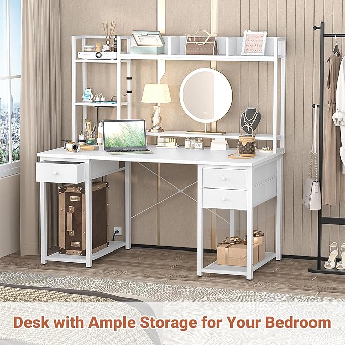 Aheaplus Desk with LED and Outlets, Gaming Desk with Hutch, 47.2'' Computer Desk with Drawers, Reversible Office Desk with Storage Bookshelf Large Workstation Desk with Shelf, Desk for Home, White - LeafyLoom