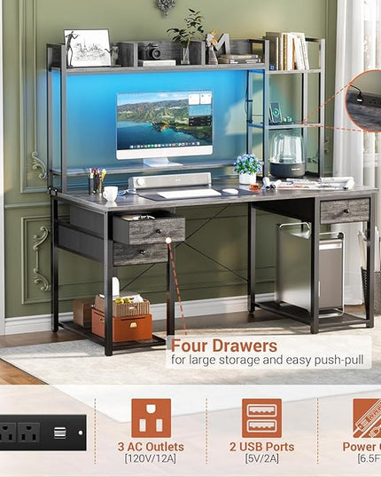 Aheaplus Desk with LED and Outlets, Gaming Desk with Hutch, 47.2'' Computer Desk with Drawers, Reversible office desk with storage bookshelf Large Workstation Desk with Shelf, Desk for Home, Black Oak - LeafyLoom