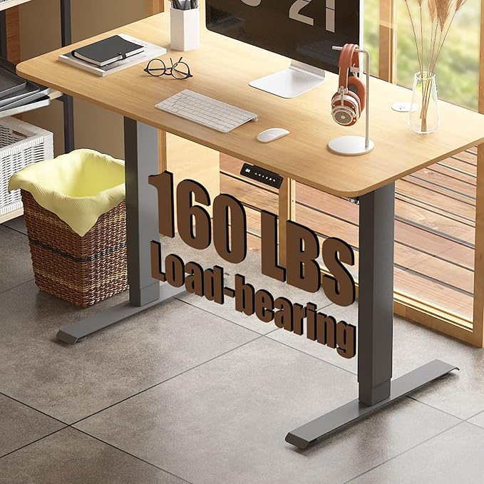 Height Adjustable Electric Standing Desk, 48 x 24 Inches Sit Stand up Desk, Home Office Desk with Whole-Piece Desktop, Maple Desktop/Black Frame - LeafyLoom