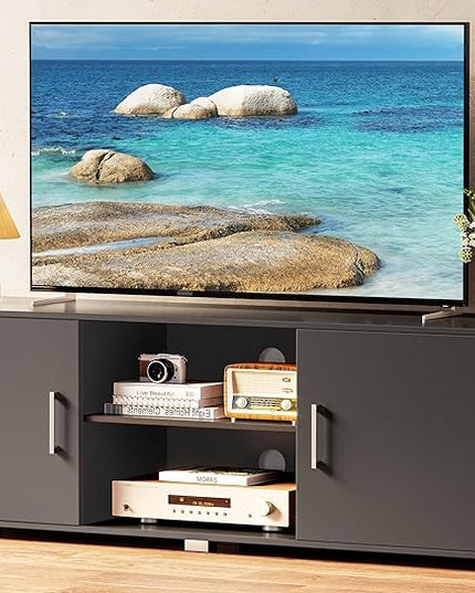 TV Stand for 55 Inch TV, Entertainment Center with Storage, 2 Cabinets, TV Console Media Cabinet with 6 Cable Holes, Black TV Stand for Living Room, Bedroom - LeafyLoom