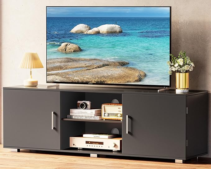 TV Stand for 55 Inch TV, Entertainment Center with Storage, 2 Cabinets, TV Console Media Cabinet with 6 Cable Holes, Black TV Stand for Living Room, Bedroom - LeafyLoom