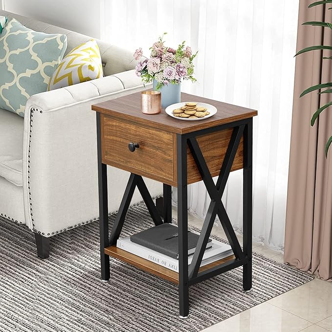 VECELO Modern Side End Table, Nightstand Storage Shelf with Bin Drawer for Bedroom, Lounge, 15.8in11.8in21.7in, Brown - LeafyLoom