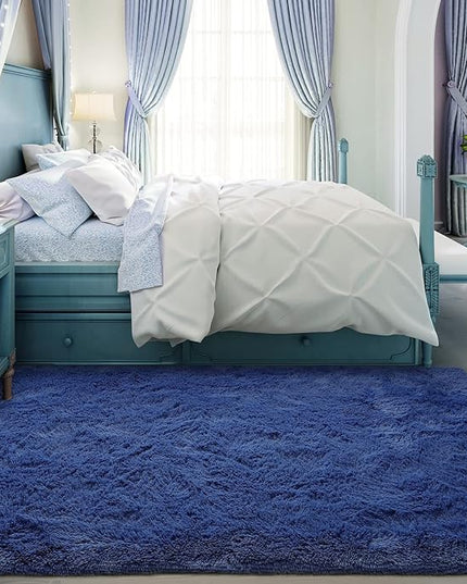 Super Soft Fluffy Shaggy Rugs for Living Room Bedroom, Fuzzy Plush Area Rugs for Girls Kids Room Nursery Home Decor, Furry Dorm Rug Cute Non-Slip Indoor Floor Carpet 4x5.9 Feet, Navy Blue - LeafyLoom