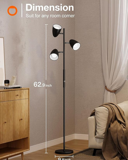 addlon dimmable Tree Floor Lamp with 3 LED Bulbs, Adjustable Rotating Lights, Standing Tall Pole Lamps for Living Room, Bedroom, Home, Office - Black & Gold - LeafyLoom
