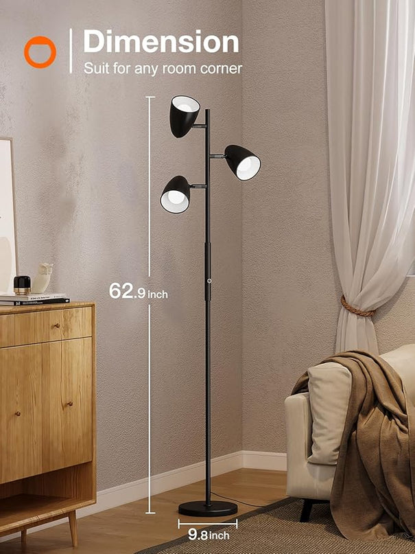 addlon dimmable Tree Floor Lamp with 3 LED Bulbs, Adjustable Rotating Lights, Standing Tall Pole Lamps for Living Room, Bedroom, Home, Office - Black & Gold - LeafyLoom