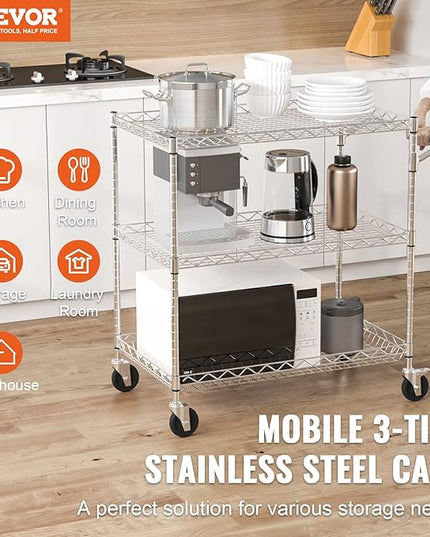 VEVOR Kitchen Utility Cart, 3 Tiers, Wire Rolling Cart with 661 LBS Capacity, Steel Service Cart on Wheels, Metal Storage Trolley with 80 mm Deep Basket Curved Handle 6 Hooks, NSF Listed - LeafyLoom