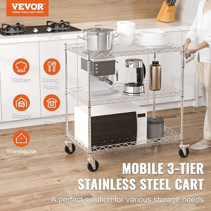 VEVOR Kitchen Utility Cart, 3 Tiers, Wire Rolling Cart with 661 LBS Capacity, Steel Service Cart on Wheels, Metal Storage Trolley with 80 mm Deep Basket Curved Handle 6 Hooks, NSF Listed - LeafyLoom