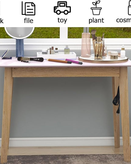 TaoHFE Pink Vanity Table with Rubber Wood Legs Small Spaces Girl Vanity Desk Glossy Pink 39 Inch Makeup Desk with USB Dressing Table No Mirror Computer Desk for Home Modern Vanity Desk for Bedroom - LeafyLoom