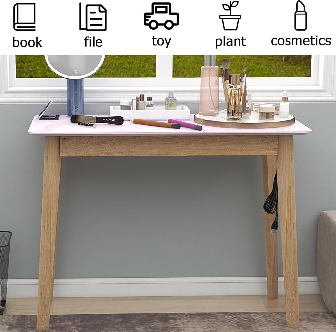 TaoHFE Pink Vanity Table with Rubber Wood Legs Small Spaces Girl Vanity Desk Glossy Pink 39 Inch Makeup Desk with USB Dressing Table No Mirror Computer Desk for Home Modern Vanity Desk for Bedroom - LeafyLoom