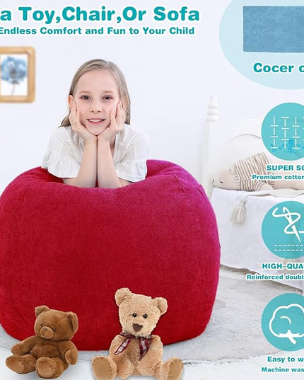 Stuffed Animal Storage Bean Bag Chair Cover (No Filler) for Kids and Adults.Soft Premium Corduroy Stuffable Beanbag for Organizing Children Plush Toys or Memory Foam Small 100L (Red) - LeafyLoom
