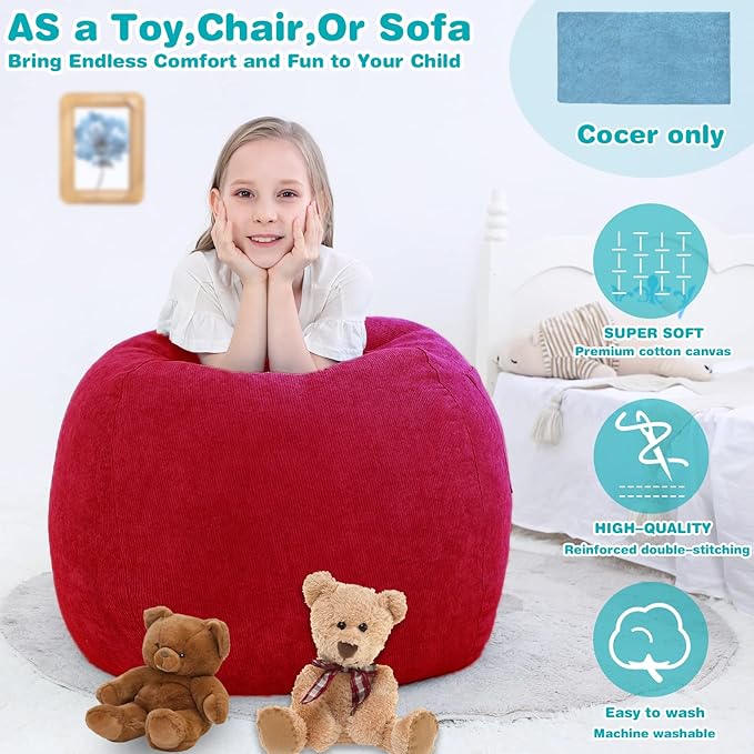 Stuffed Animal Storage Bean Bag Chair Cover (No Filler) for Kids and Adults.Soft Premium Corduroy Stuffable Beanbag for Organizing Children Plush Toys or Memory Foam Small 100L (Red) - LeafyLoom