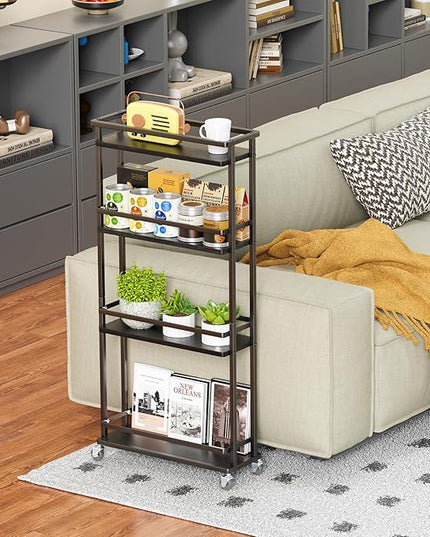 Slim Storage Cart 4 Tier Narrow Kitchen Rolling Cart on Wheels for Small Space, Mobile Spice Rack Seasoning Organizer Utility Serving Cart for Kitchen Bathroom Laundry, Black - LeafyLoom