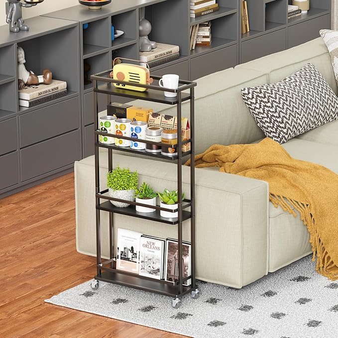 Slim Storage Cart 4 Tier Narrow Kitchen Rolling Cart on Wheels for Small Space, Mobile Spice Rack Seasoning Organizer Utility Serving Cart for Kitchen Bathroom Laundry, Black - LeafyLoom