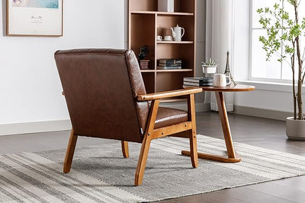 Mid-Century Accent, Modern Single Armchair, Upholstered Leisure Lounge Chair wth Solid Wood Armrest and Feet for Living Room, Bedroom, Office, Brown - LeafyLoom