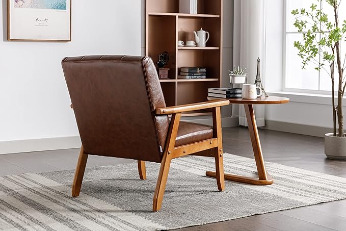 Mid-Century Accent, Modern Single Armchair, Upholstered Leisure Lounge Chair wth Solid Wood Armrest and Feet for Living Room, Bedroom, Office, Brown - LeafyLoom