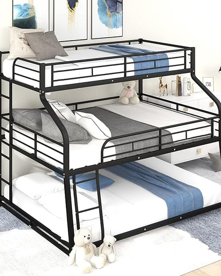 Twin XL/Full XL/Queen Triple Bunk Bed with Long and Short Ladder and Full-Length Guardrails,Metal Bed-Frame for Bedroom/Living Room/Apartment,Guest-Room,Black - LeafyLoom