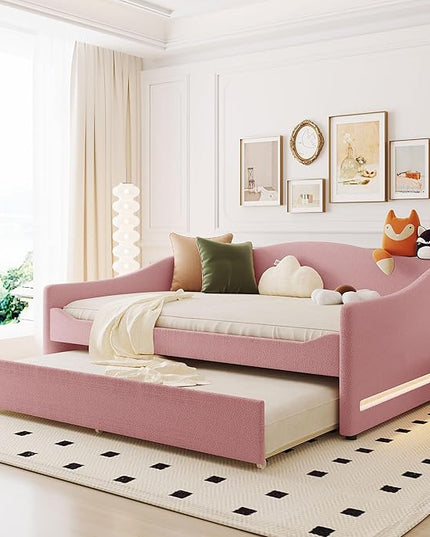 Teddy Fleece Full Size Upholstered Daybed with LED Light and Trundle,Modern Wood Platform Bed W/Side Stripes,Easy Assembly,for Bedroom,Living Room,Guestroom,Pink - LeafyLoom