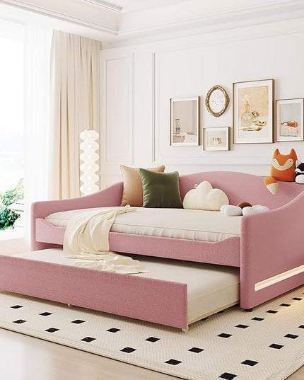 Full Size Upholstered Daybed with Trundle and LED Light, Teddy Fleece Sofabed, Day Bed Frame w/Wood Slats, for Bedroom Living Room, Pink - LeafyLoom