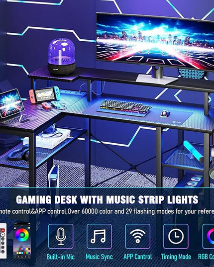 Gaming Desk with Power Outlets & Music Strip Lights, L-Shaped Desk with 2-Layer Storage on Both Sides, Large Monitor Stand for Office Home - LeafyLoom