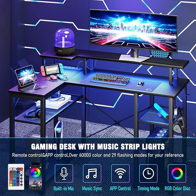 Gaming Desk with Power Outlets & Music Strip Lights, L-Shaped Desk with 2-Layer Storage on Both Sides, Large Monitor Stand for Office Home - LeafyLoom
