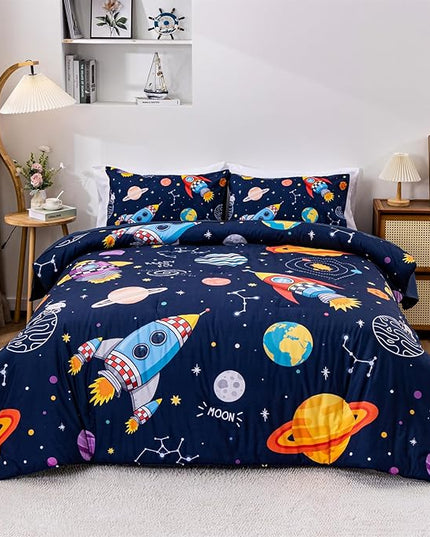 Aimuan Space Comforter Twin Set Kids Rocket Bedding Set Super Soft & Cute Aliens UFO Printed for Boys Girls Teen (Navy, Twin 5Pcs) - LeafyLoom
