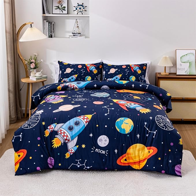 Aimuan Space Comforter Twin Set Kids Rocket Bedding Set Super Soft & Cute Aliens UFO Printed for Boys Girls Teen (Navy, Twin 5Pcs) - LeafyLoom