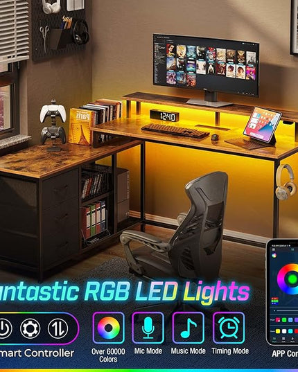Seventable L Shaped Computer Desk with Drawers, Reversible Gaming Desk with LED Lights & Charging Port, Corner Desk with Storage Shelves & Monitor Stand for Home Office Rustic Brown - LeafyLoom