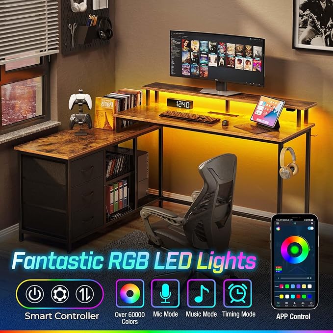 Seventable L Shaped Computer Desk with Drawers, Reversible Gaming Desk with LED Lights & Charging Port, Corner Desk with Storage Shelves & Monitor Stand for Home Office Rustic Brown - LeafyLoom