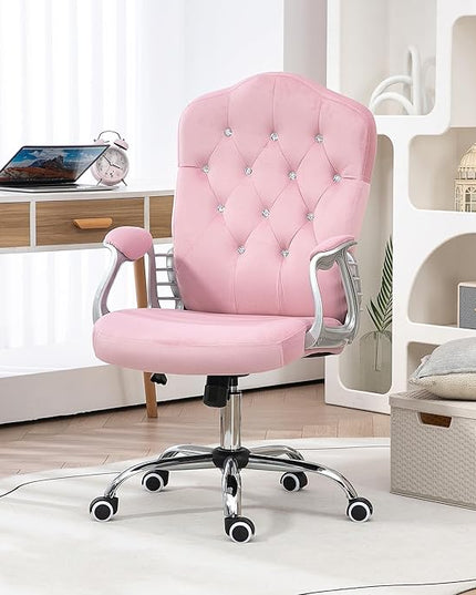 Vinsetto Home Office Chair, Velvet Computer Chair, Button Tufted Desk Chair with Swivel Wheels, Adjustable Height, and Tilt Function, Pink - LeafyLoom