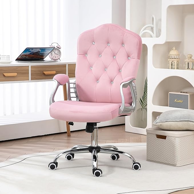 Vinsetto Home Office Chair, Velvet Computer Chair, Button Tufted Desk Chair with Swivel Wheels, Adjustable Height, and Tilt Function, Pink - LeafyLoom