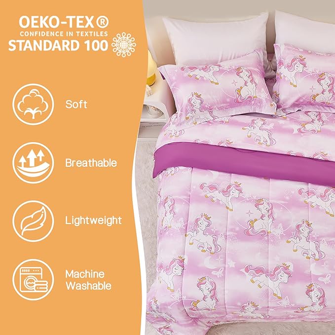 Unicorn Kids Comforter Set for Girls Twin, Cute Reversible Quilted Lavender Printed Bedding Set with Pillow Sham, Lightweight Soft Breathable Machine Washable Bed Set 2 Piece - LeafyLoom