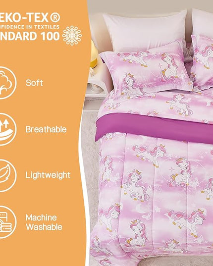 Unicorn Kids Comforter Set for Girls Full Size, Cute Reversible Quilted Lavender Printed Bedding Set with Pillow Sham, Lightweight Soft Breathable Machine Washable Bed Set 3 Piece - LeafyLoom