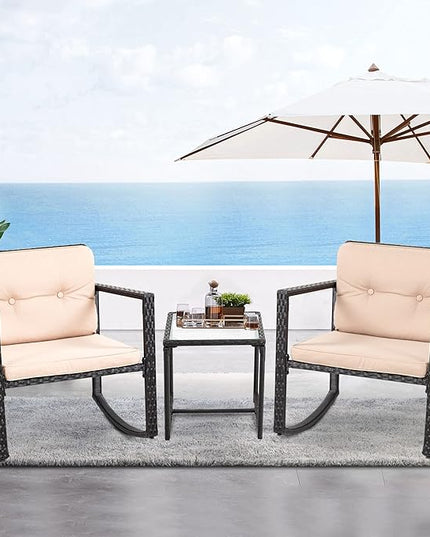 FDW Wicker Patio Furniture Outdoor Bistro Set, Rocking Chair, 3 Piece, Rattan Conversation Set for Backyard Porch Poolside Lawn with Coffee Table,Black - LeafyLoom